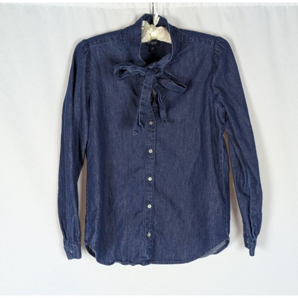 J. Crew Blouse XS Women's Blue Denim Chambray Bow Tie Neck Long Puff Sleeve - Picture 2 of 8